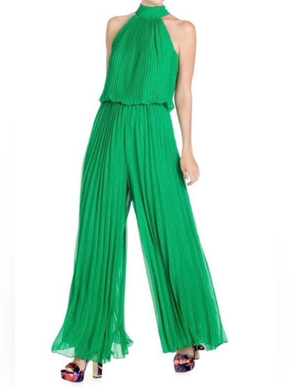 Meghan Los Angeles Pleated Halter Jumpsuit Emerald